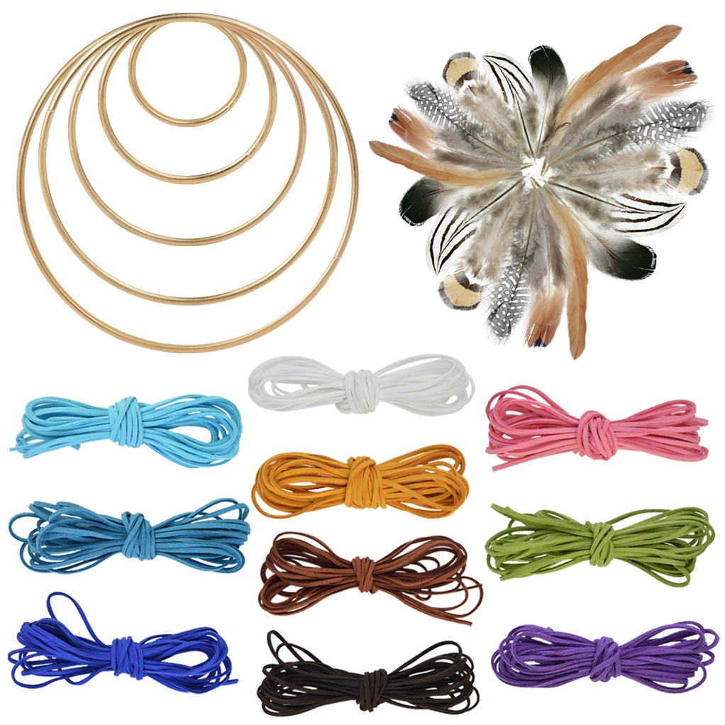 Photo 1 of Nydotd 125Pcs Dream Catcher Making Kit, 15 Pcs Metal Rings Hoops Macrame Ring in 5 Size Gold, 100pcs 6 Styled Feathers, 10 Pcs 3 mm Faux Suede Cord for Dream Catcher Crafts Birthday Party