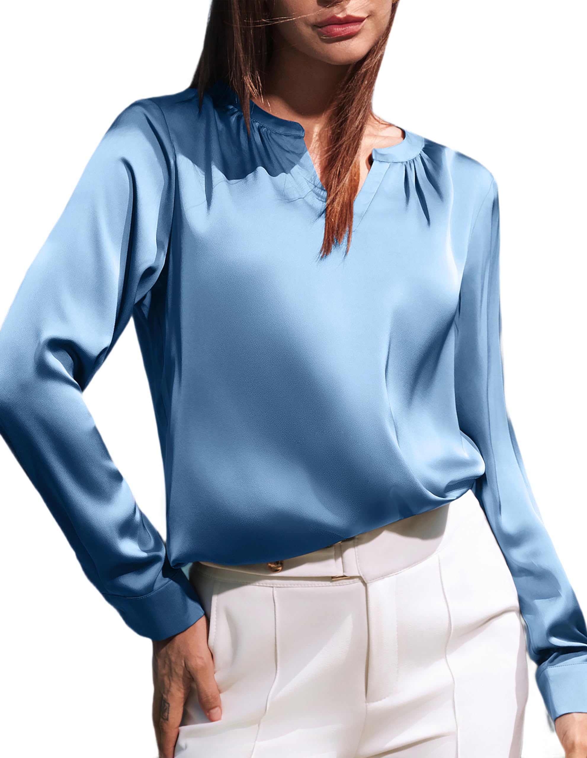Women's Satin Silk Blouse V Neck Long Sleeve Dressy Casual Work Blouse Shirts Pullover Tops Grey Blue Small