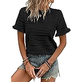 Samefar Womens Crewneck Texture Ruffle Shorts Sleeve Shirts Casual Loose Flowy Tee Tops Blouses Fashion Outfits Trendy