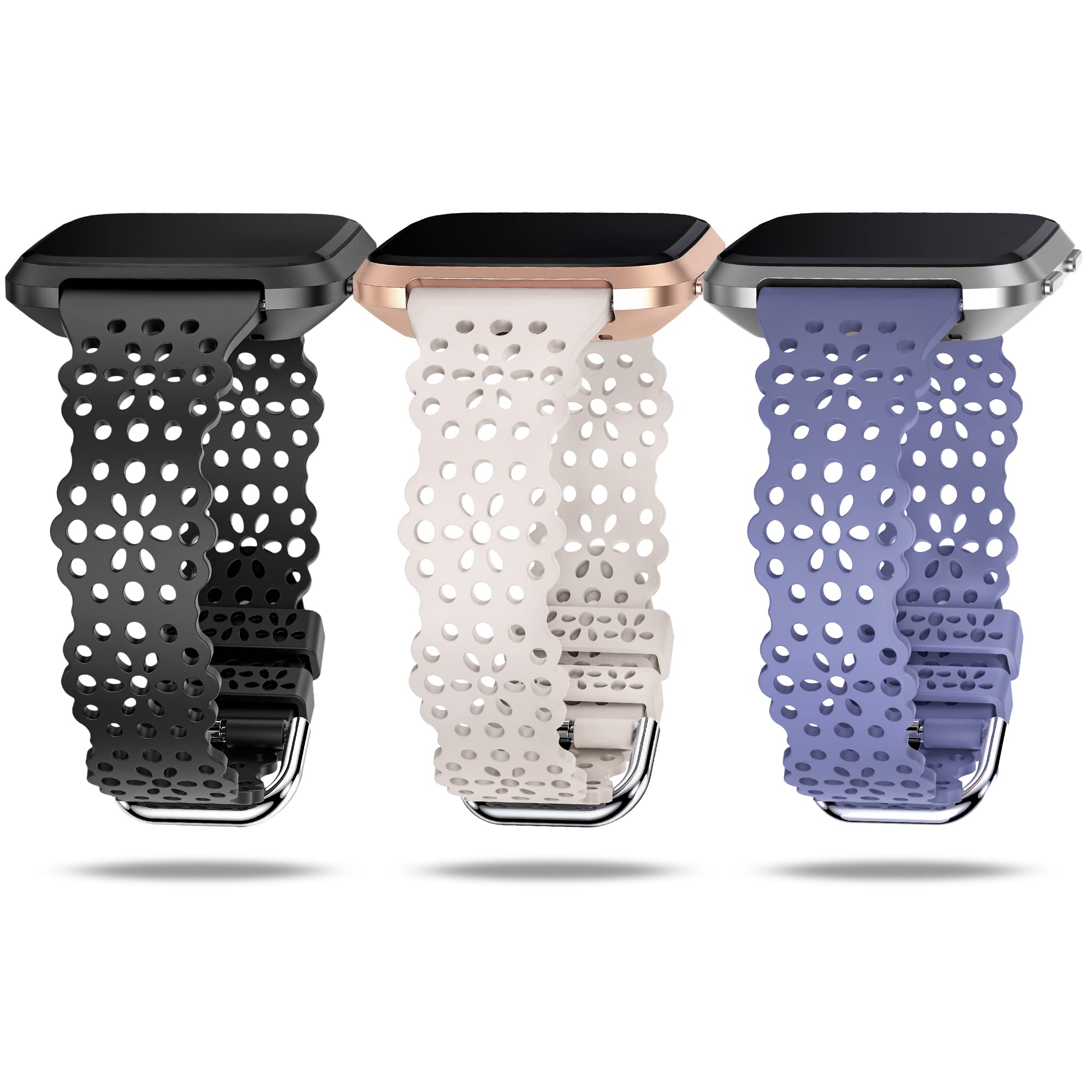 TOYOUTHS 3 Pack Lace Silicone Straps Compatible with Fitbit Versa/Fitbit Versa 2, Women Slim Soft Sport Strap Replacement for Versa Lite/Versa SE, Black+Purple+Starlight