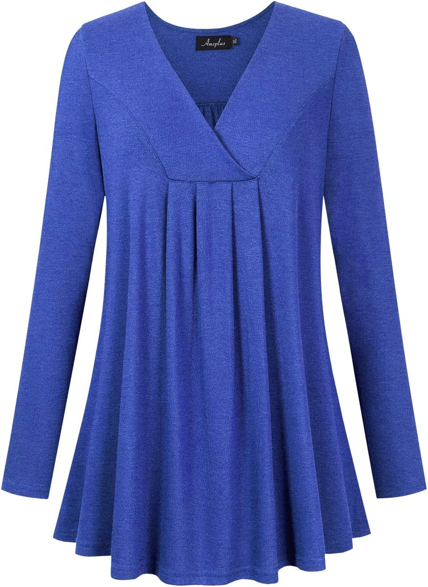 AMZ PLUS Women's Plus Size Pleated Henley Tops V-Neck Loose Blouse Casual Tunic Shirt