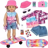 UNICORN ELEMENT 18 Inch Girl Doll Skateboard Accessories Complete Clothes | Sports Outfits; Include Fisherman's Hat, Sunglasses, Camera（Random) , Skateboard Bottle Sticker; No Doll &amp; Shoes