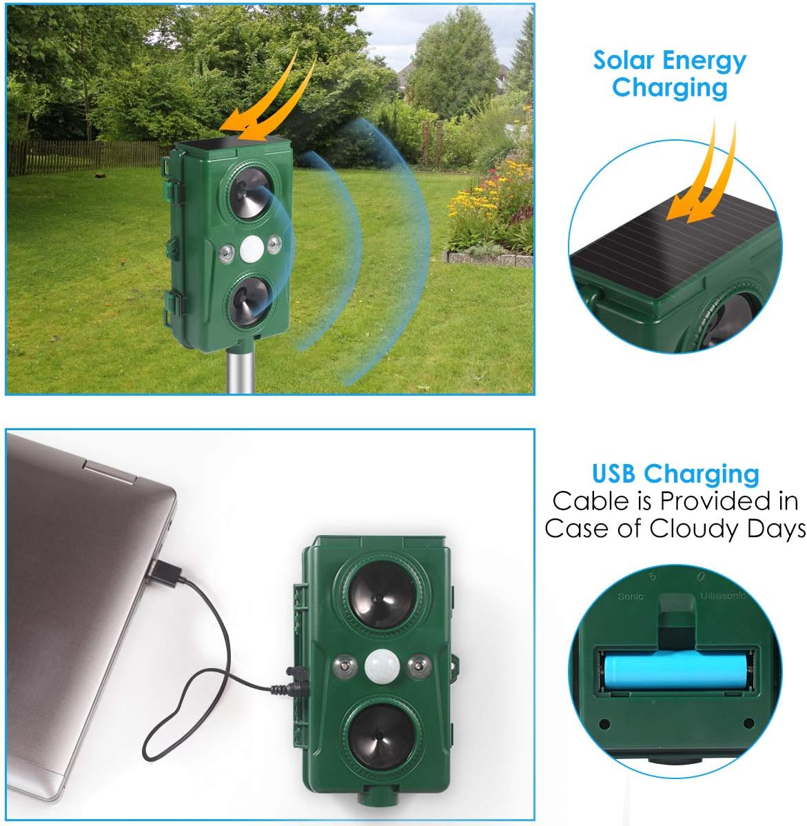 Clever sprouts Dog Cat Repellent, Ultrasonic Animal Repellent with Motion Sensor and Flashing Lights Outdoor Solar Powered Waterproof Farm Garden Yard Repellent, Cats, Dogs, Foxes, Birds, Skunks, Rod: Pet Supplies
