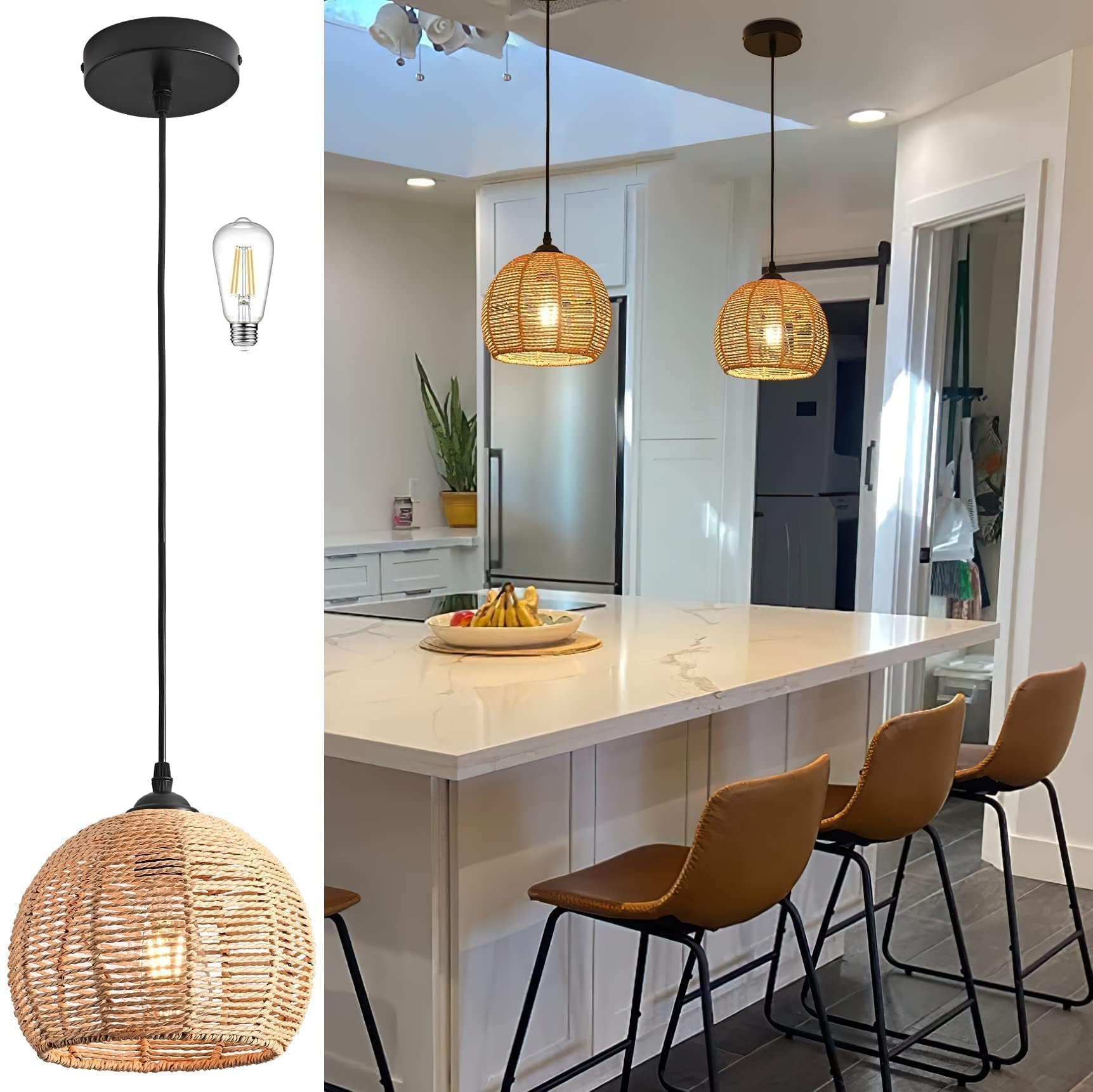 Photo 1 of AyshwillDec Mini Hemp Rope Woven Pendant Light Woven Light Fixture Boho Chandelier Light Fixture Wicker Pendant Light Rattan Light Pendant Dome Wicker Chandelier for Bedroom Kitchen Island(Bulb Incl.)