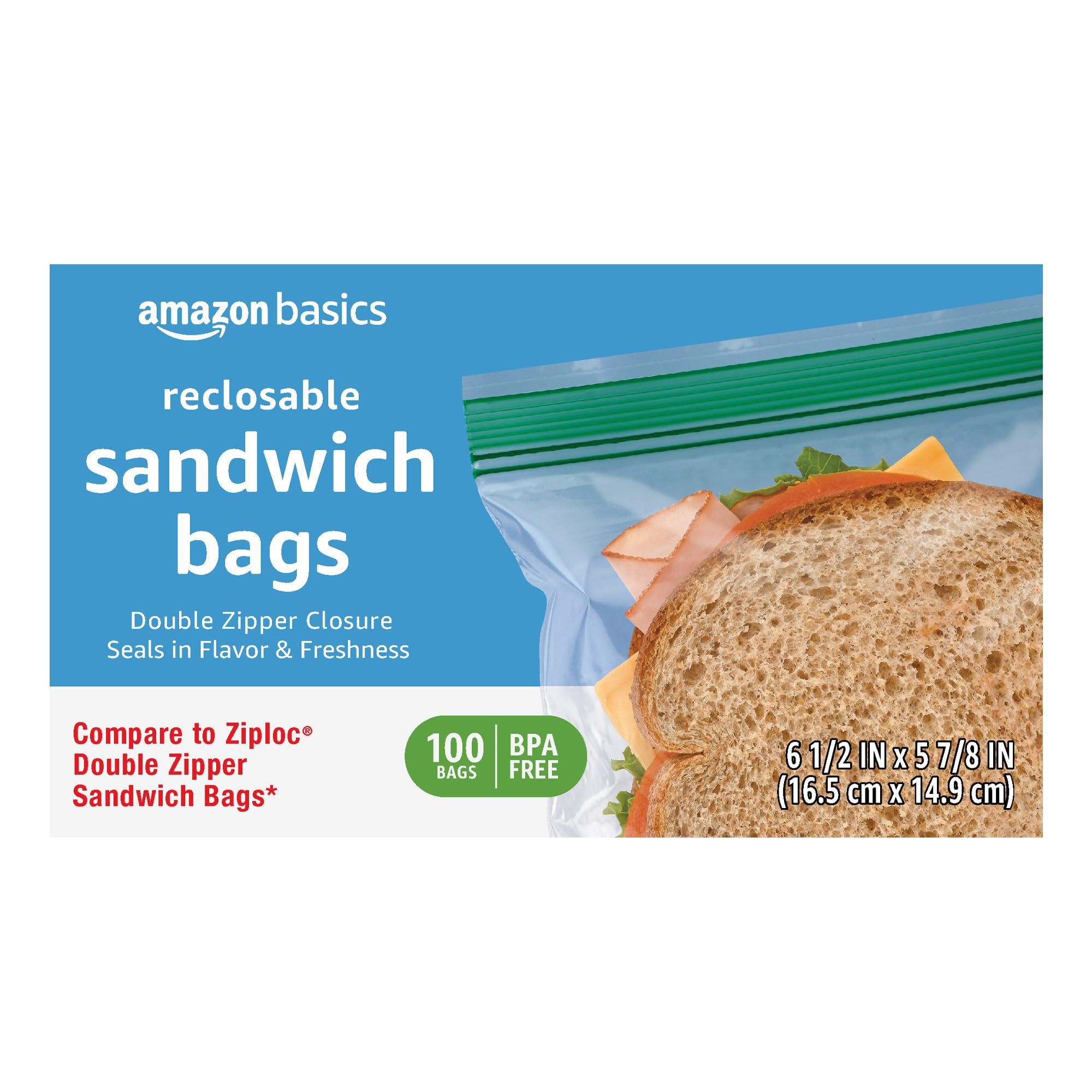 Amazon Basics Reclosable Sandwich Double Zipper Storage Bags, 100 Count, Pack of 1