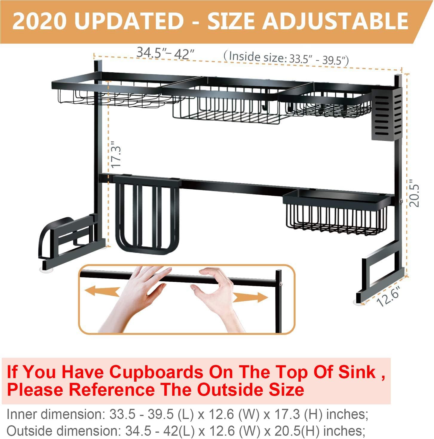 Dish Drying Rack Over the Sink -Adjustable Large Dish Rack Drainer for Kitchen Organization Storage Space Saver Shelf Holder with 7 Utility Hooks Dish Rack Over Sink (32≤ Sink Size ≤ 39.5 inch) -