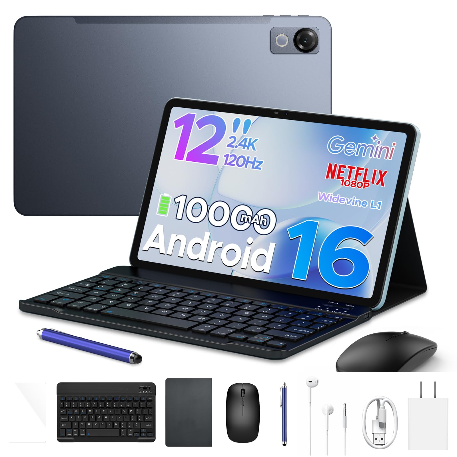 Photo 1 of POCKAM P12 2026 Latest Android 16 Tablet, 120Hz 2.4K Android Tablet 12 Inch, Octa-Core Gaming Tablet with 48GB+128GB/2TB,10000mAh, Gemini AI, 13MP+8MP, Widevine L1, Tablet with Keyboard, Pen, Gray
