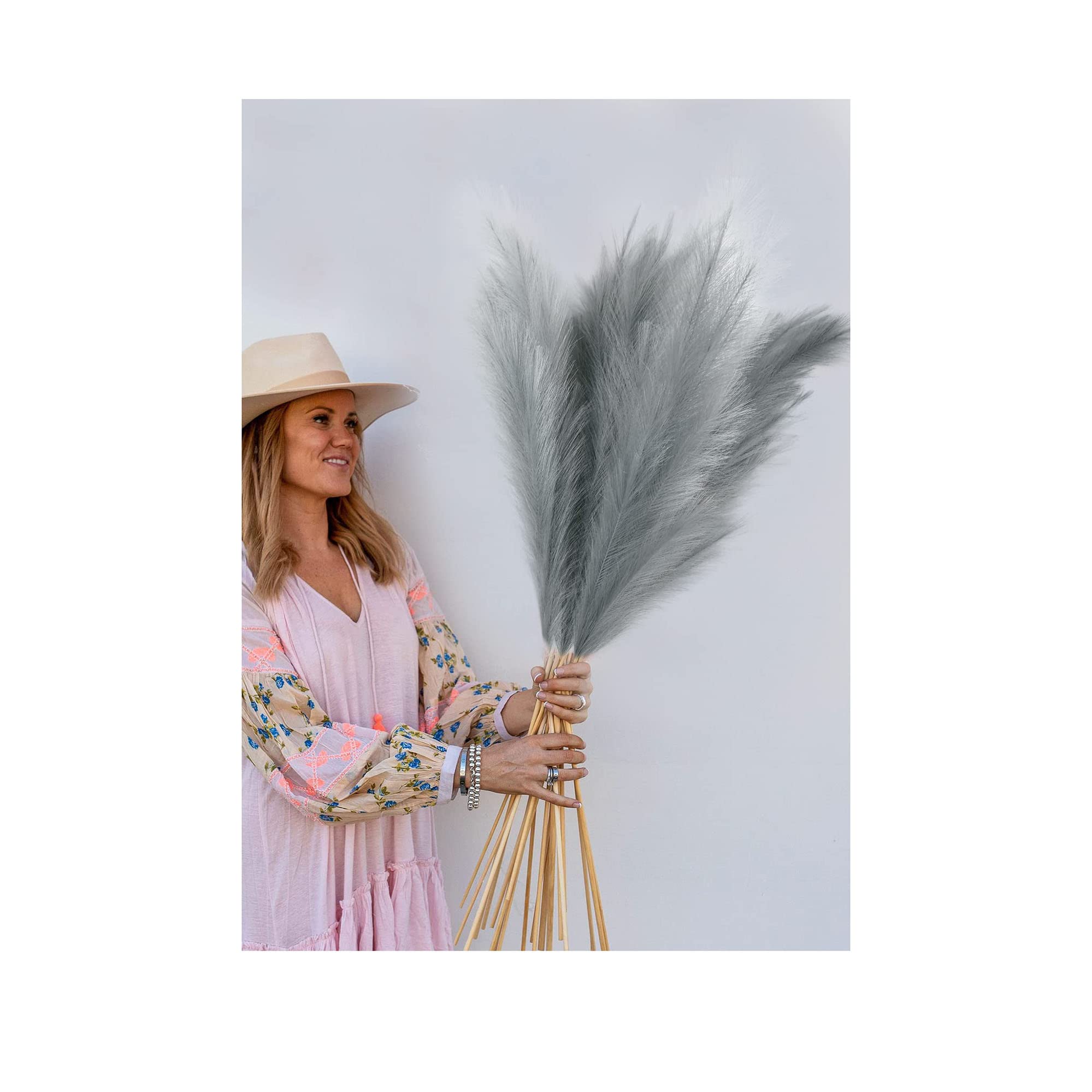 Artificial Pampas Grass 45" Tall for Floor Vase - Fluffy Fake Large Feather Decorations 3/6 Branches,Faux Plants Non-Shedding Reeds for Home Bedroom Decor, Boho Wedding Arrangement Decor (6, Grey)