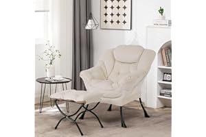 SESHINELL Lazy Chair with Ottoman, Modern Accent Chair Contemporary Lounge Leisure Sofa Chair with Armrests, Reading Chair and Folding Footstool Set for Living Room, Bedroom, Office, Beige