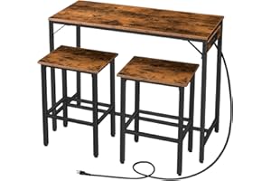 HOOBRO Bar Table and Chairs Set, 39.4" Dining Table Set with Power Outlet, 3-Piece Pub Table Set, Kitchen Bar Height Table with Stools of 2, Space Saving for Living Room, Rustic Brown BF45UBT01