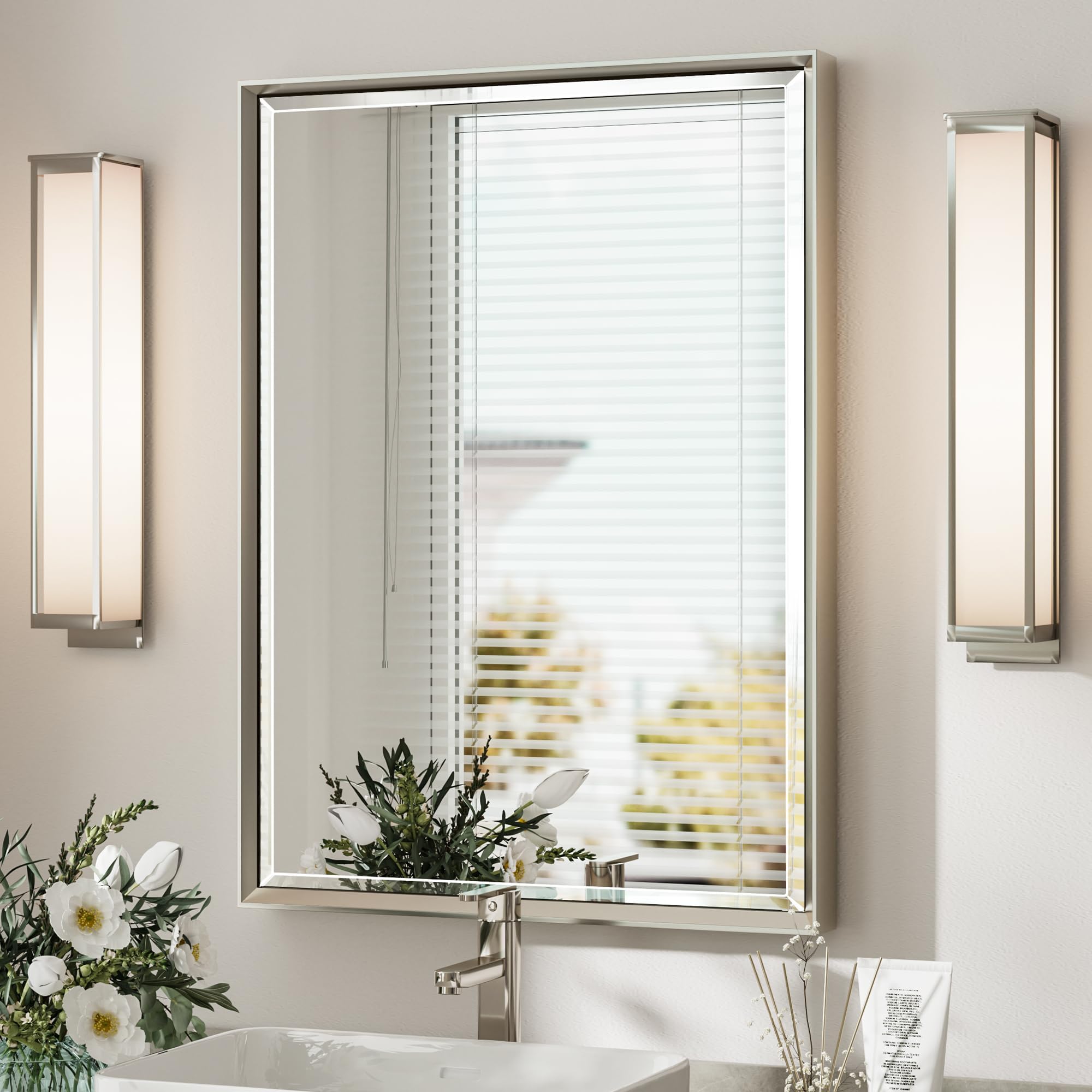 QueenFun Brushed Nickel Bathroom Mirror, 22x30 Inch Beveled Framed Bathroom Mirror Anti-Rust, Brushed Nickel Metal Frame Bathroom Vanity Mirror for Wall, Vertical/Horizontal Wall-Mounted Mirrors Image