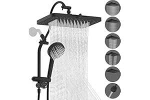 Hibbent cUPC Certified 13'' Shower Head Combo, High Pressure 5 Spray Rainfall Showerhead, 10 Spray Mode Handheld, All Metal Easy Reach 4-way Diverter Arm with Pause Mode, 71'' Hose and Holder, Black