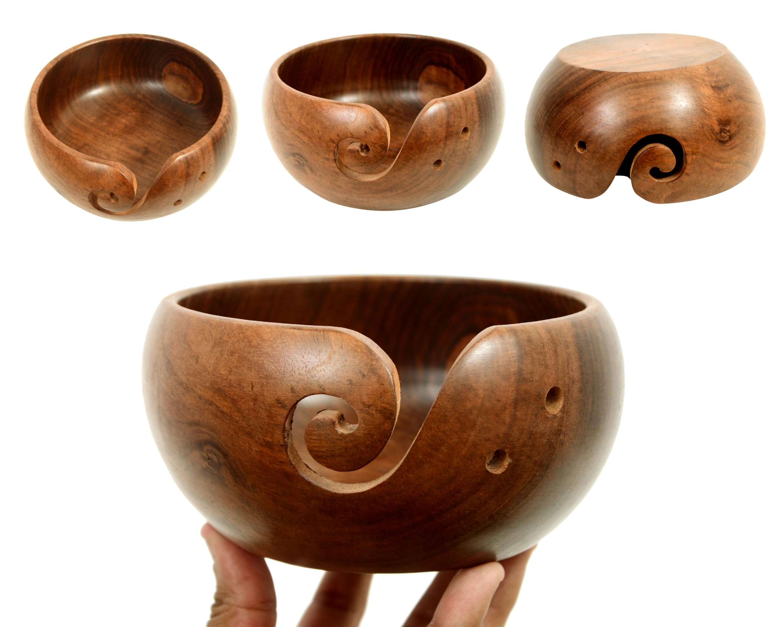 Samara Nautical Rosewood Wooden Yarn Bowl – 3" x 6" Crochet & Knitting Holder with Holes – Ideal Ideal for Knitting & Crochet