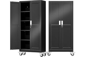 AUEYTVR 71" Tall Metal Garage Storage Cabinet with Wheels and Locking Doors and Tall Rolling Steel Tool Cabinet with 4 Adjustable Shelves for Garage,Home,Office,Shop (Black)
