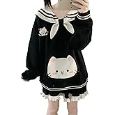GOTHPICKUS Womens Kawaii Doll Collar Cat Graphic Sweatshirt Cute Embroidery Bow Tops Warm Ribbed Stripe Harajuku Sweatshirts