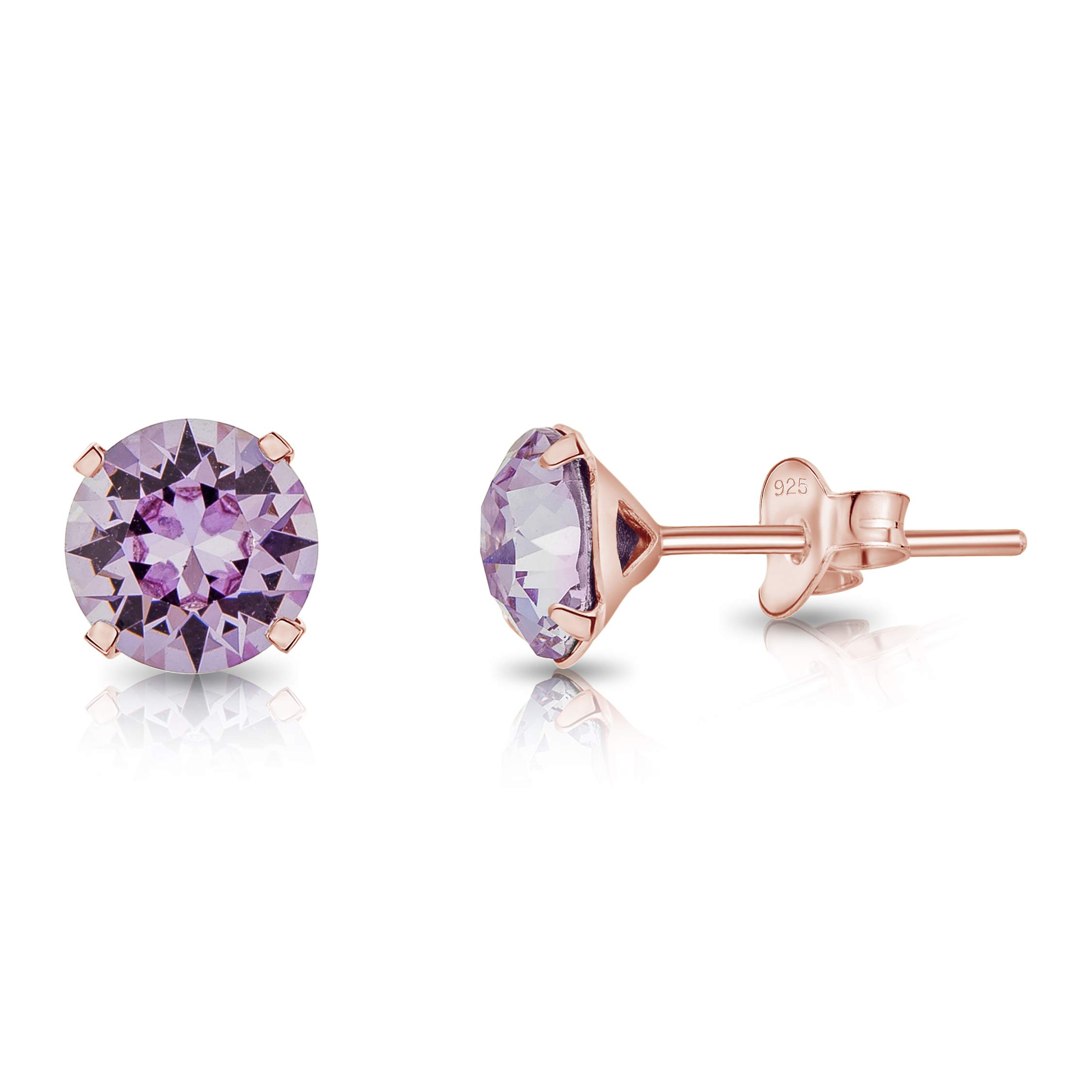 Purple Earrings - 925 Sterling Silver Stud Earrings Rose Gold Plated 18K with Round Crystals 6 mm - Classic Elegant Hypoallergenic Studs for Women