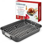 Farberware Bakeware Nonstick Roaster, Roasting Pan with Rack, Gray | Roast pan with flat rack, 11-inch x 15-inch, with easy cleaning and less sticking, warp-resistant roasting pan