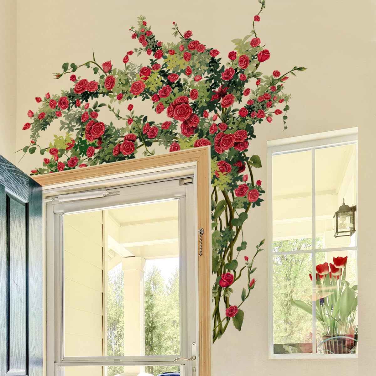 Runtoo Large Rose Wall Art Decals Red Flower Door Stickers Floral Home Decor for Living Room Bedroom Wall Backdrop