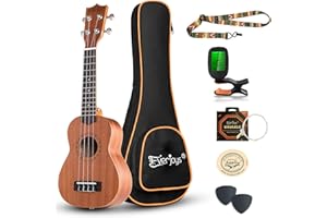 Everjoys Soprano Ukulele Starter Kit - Professional Mahogany 21 inch Ukelele w/Online Lesson Case Strap Digital Tuner Aquila Strings