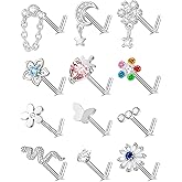 Tornito 12Pcs Nose Ring Nose Stud L Shaped Snake Butterfly CZ Flower Moon Dangle Nose Rings Stud for Women Men Silver Gold Tone 20G