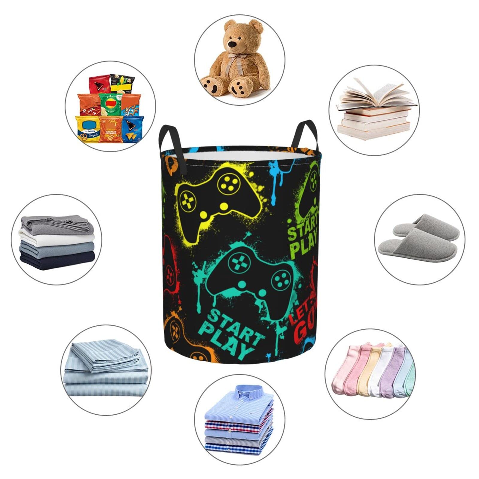 Gbuzozie Colorful Silhouettes Game Joystick Round Laundry Hamper Storage Basket Toys Clothes Organizer Bin For Home Bathroom Bedroom Dorm Nursery, 38l