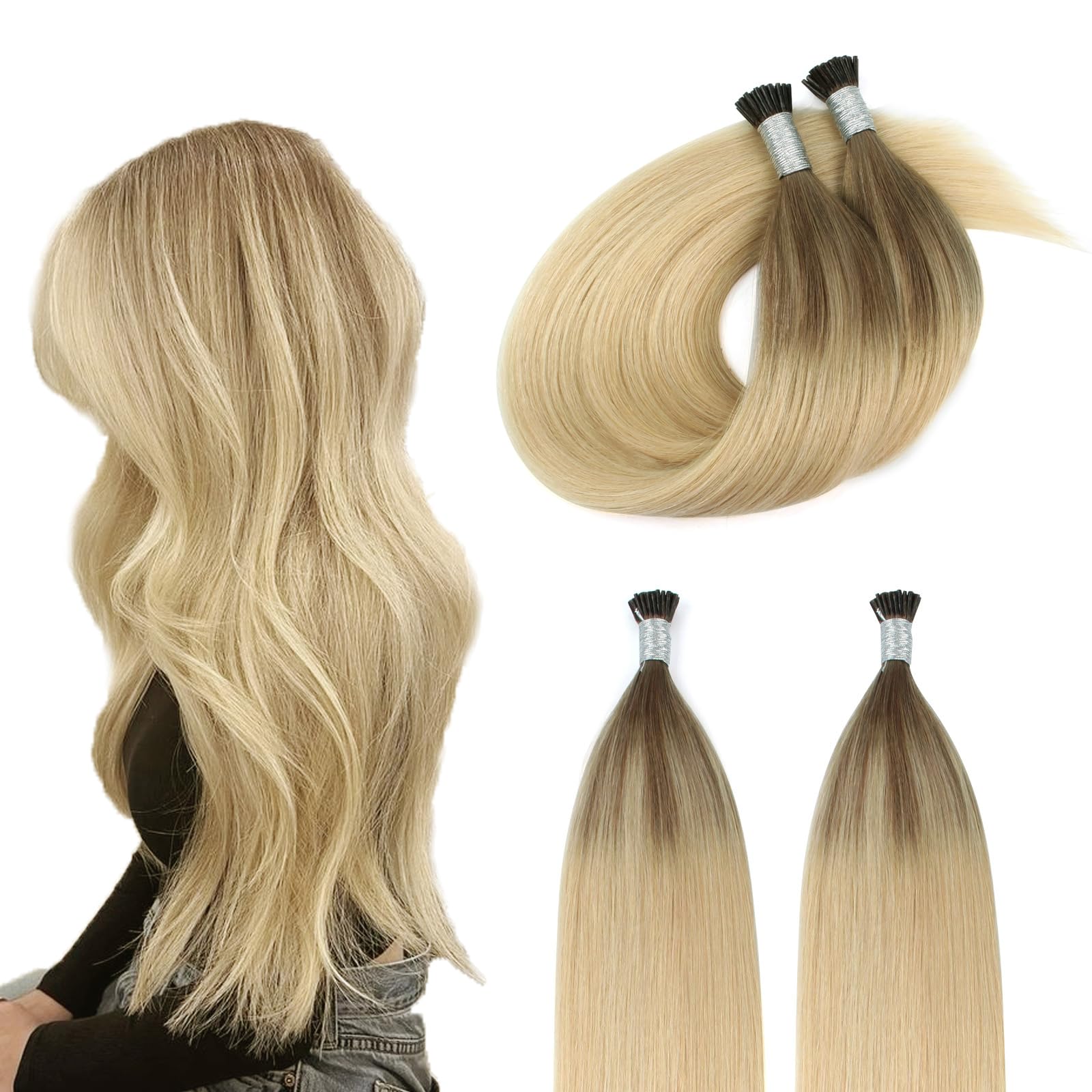 ABH AmazingBeauty Hair Balayage I Tip Hair Extensiones Human Hair Extensions Itip Ombre Ash Brown to Blonde Remy Pre Bonded Fusion Human Hair Extensions Invisible Straight 100strands 50 Grams 14 Inch โ image 1