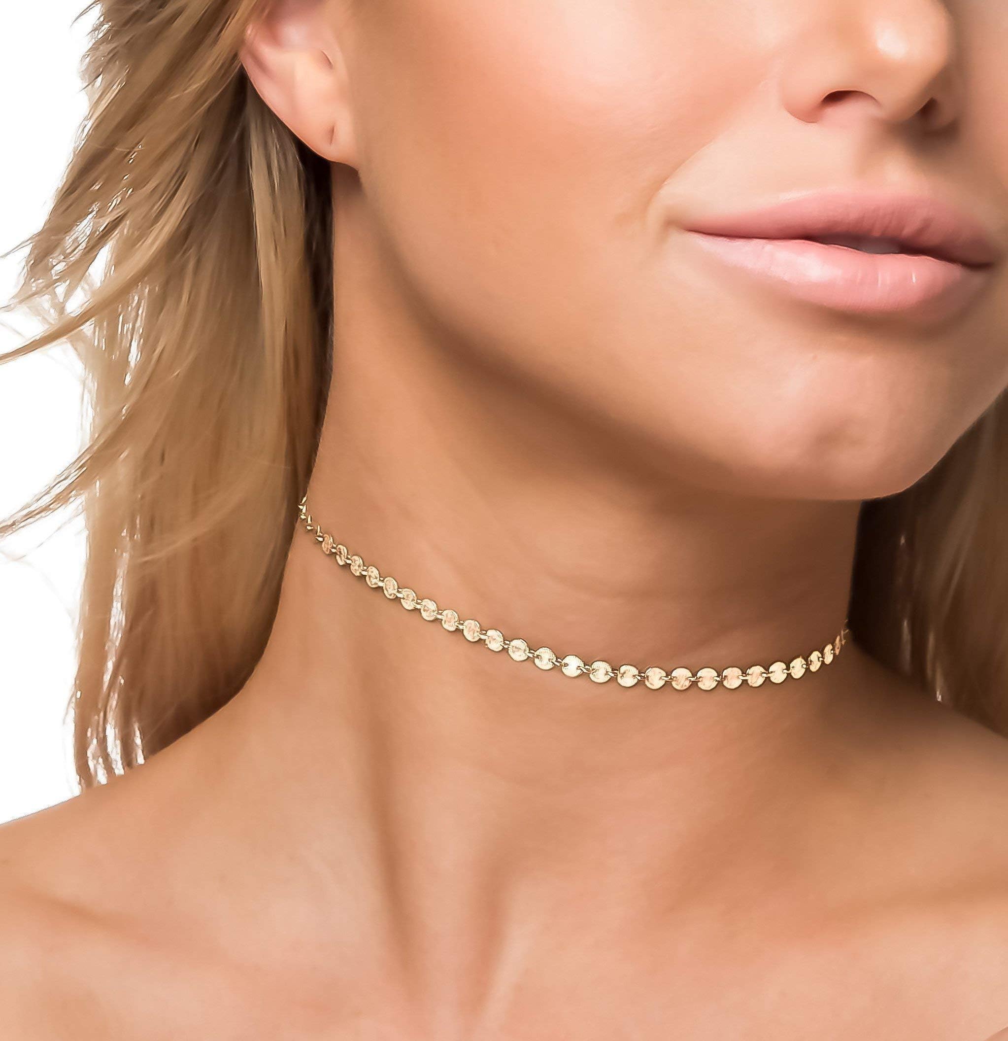 HotMixCold14K Gold Fill or 925 Sterling Silver Coin Tattoo Choker Necklace, Dainty Tiny Circle Disc Boho Layering Jewelry