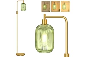 【Upgraded】 Dimmable Glass Floor Lamp for Living Room, Modern Gold Standing Lamp with Green Ribbed Glass Lampshade & Knob Dimm