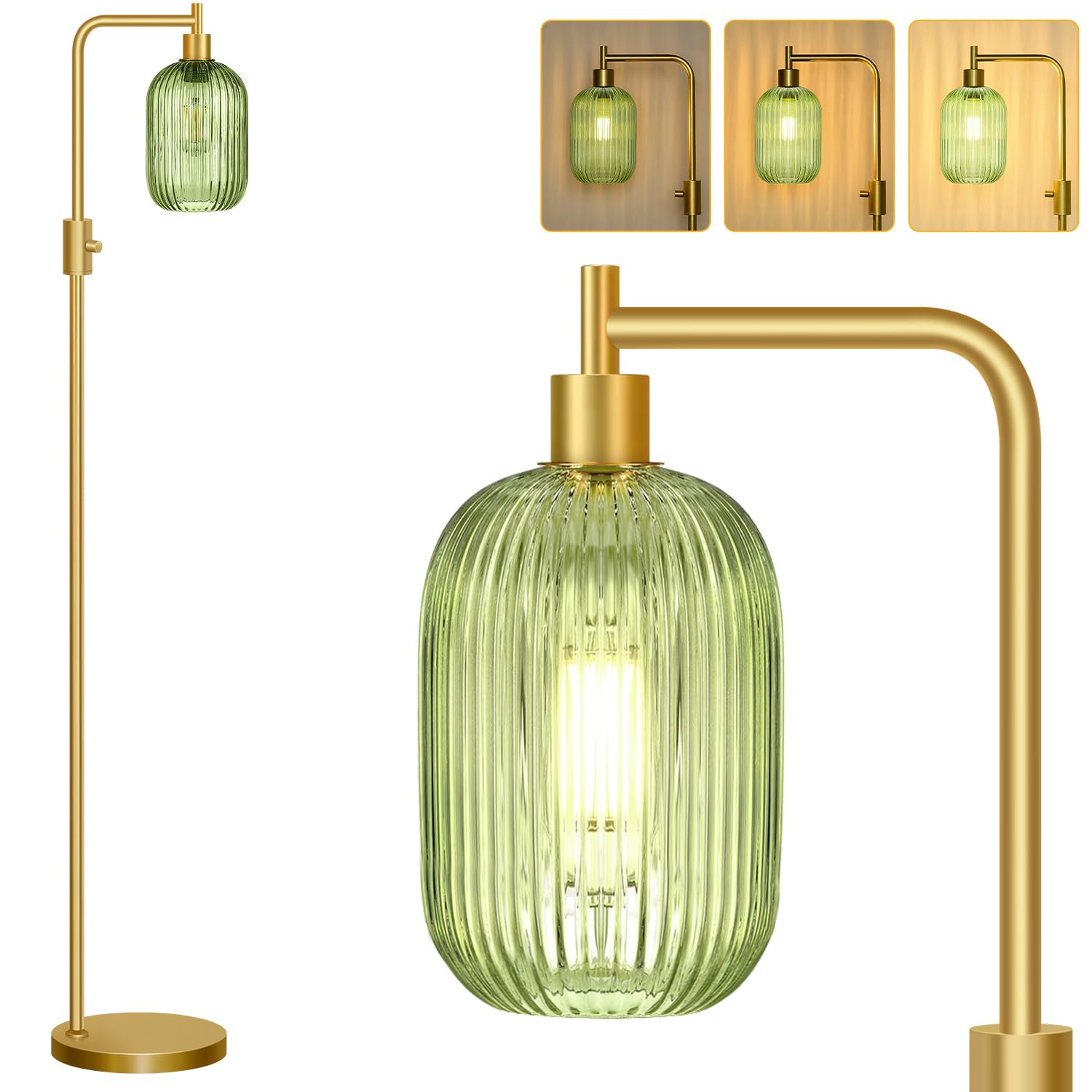 Photo 1 of ?Upgraded? Dimmable Glass Floor Lamp for Living Room, Modern Gold Standing Lamp with Green Ribbed Glass Lampshade & Knob Dimmer, Arc Tall Lamp for Bedroom Office Reading Room, 2700K Led Bulb Included