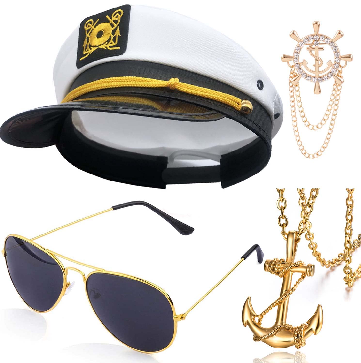Sail Hats Navy Sailor Hat Aviator Sunglasses with Anchor Design Necklace Brooch for Costume Accessories Set Dressing Up Party Adult Halloween Fraternity Decoration Yacht Captain Cap Bachelor Party