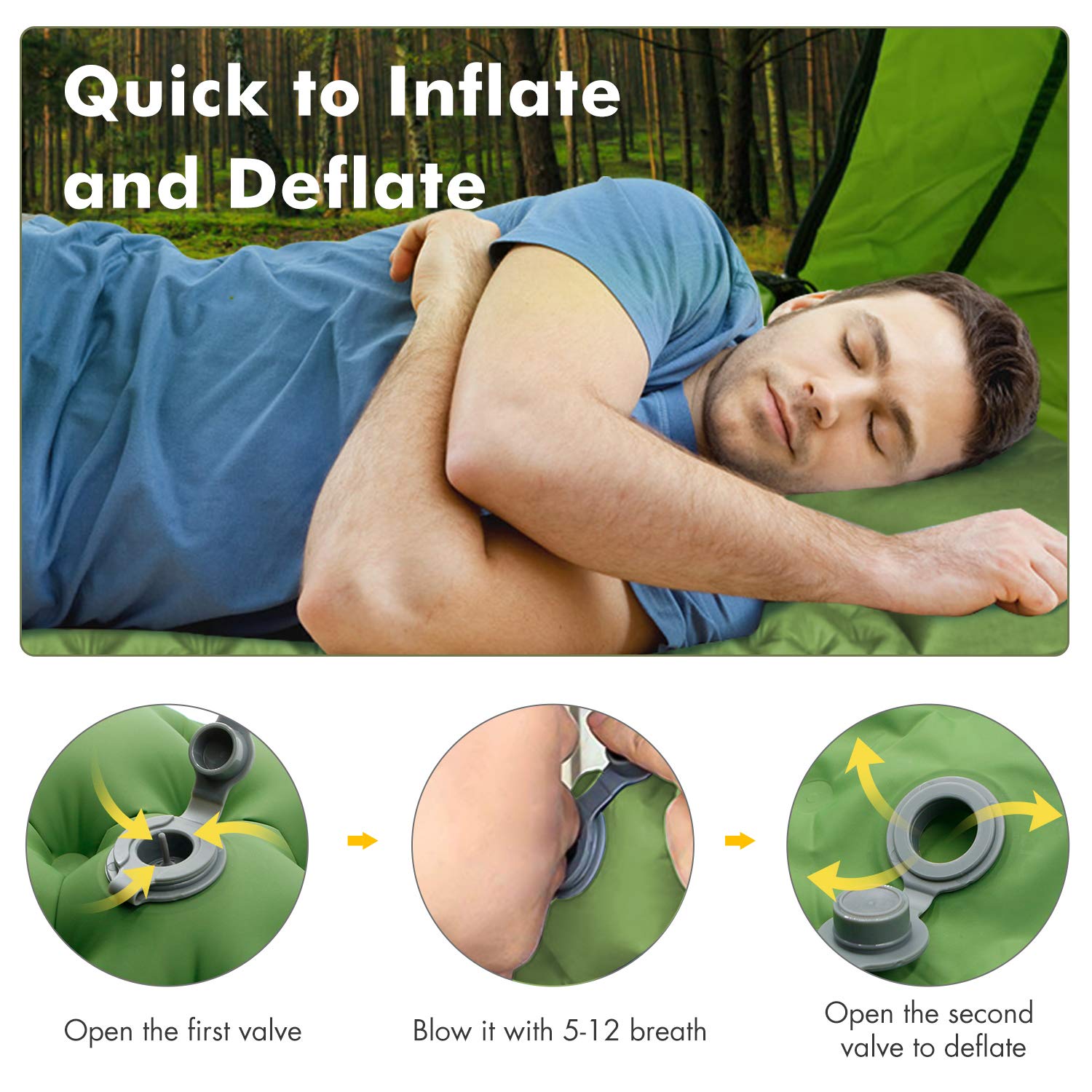 Self-Inflating Camping Pad Comfortable Camp Mat Ultralight Outdoor Foldable Lightweight Air Sleeping Bed with Siamese Innovation Separates Inflatable Pillows for Camping Beach Travelling and Hiking (Green-1pack)