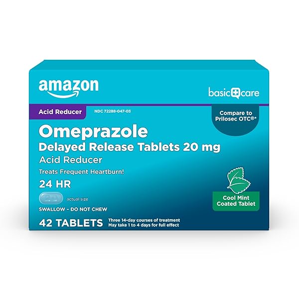 AMAZON BASIC CARE OMEPRAZOLE DELAYED RELEASE TABLETS 20 MG, COOL MINT, ACID REDUCER, TREATS FREQUENT HEARTBURN, 42 COUNT
