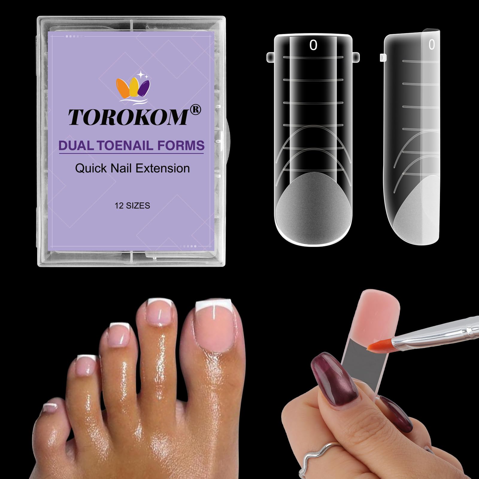 Photo 1 of TOROKOM Poly Gel Nail Forms for Toes, Long Square Dual Forms, Toe Pedi Nail Extension Reusable Toe Nail Tips Mold, 120Pcs, 12 Sizes