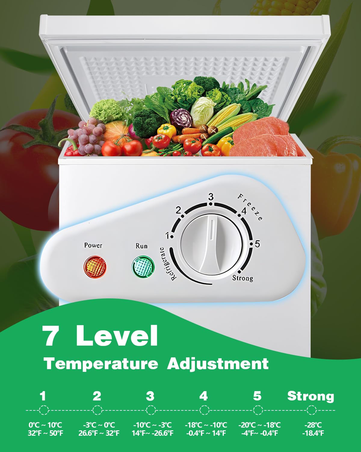 5.0 Cu.Ft Chest Freezer, Deep Freezer with a Removable Basket 6 Gears Adjustable Temperature Control(-18°F to 50°F), Deep Compact Freezer for Kitchen, House, Office, Garage, Shop, RVs-White