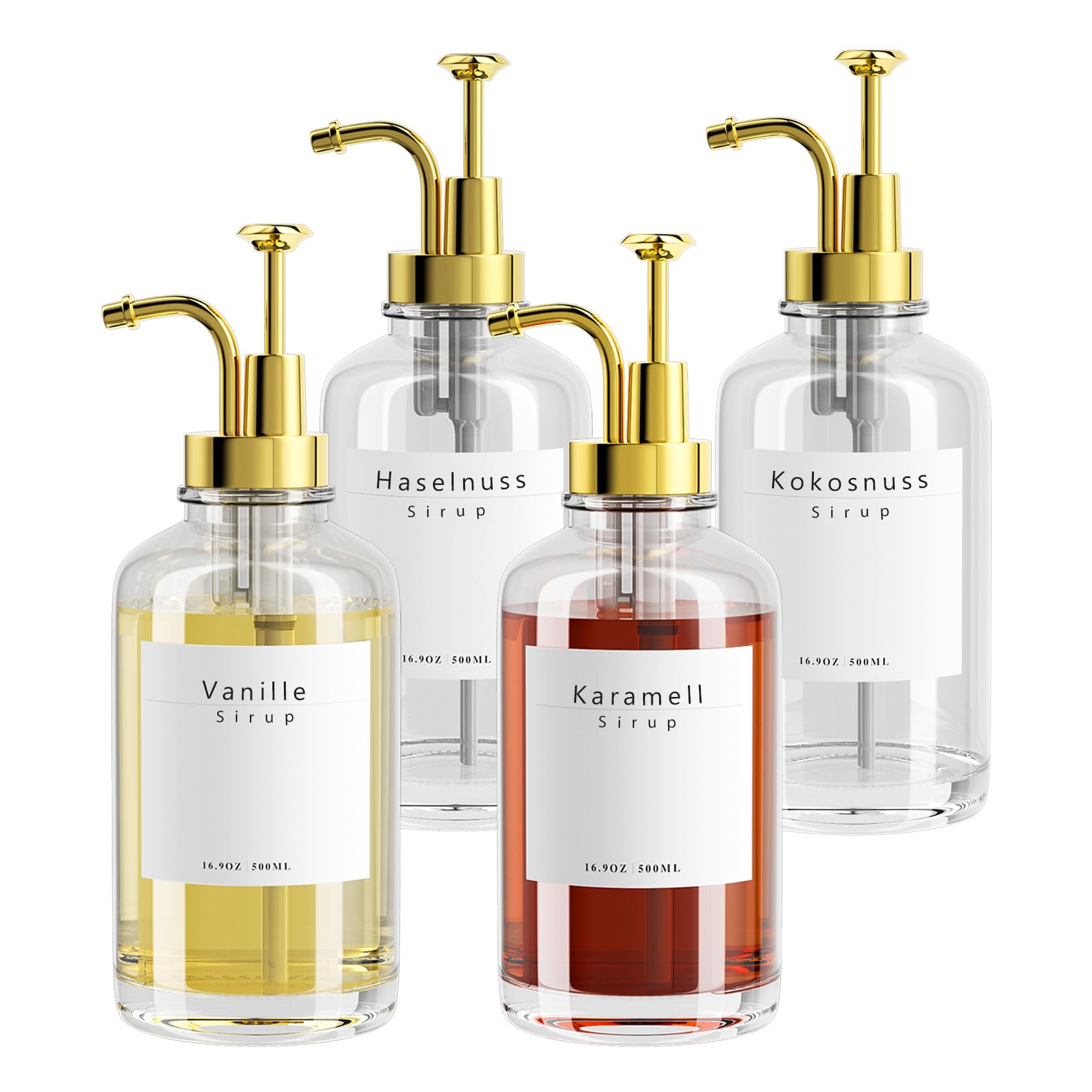 BOLLFO Coffee Syrup Pump Dispenser for Coffee Bar Accessories, Coffee Pump Dispenser, Glass Syrup Bottle Syrup Pump Dispenser Coffee Syrup Dispenser with 58 Labels, 16.9 oz 500 ml, Set of 4