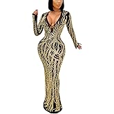 PORRCEY Sexy Elegant Rhinestone Dress for Women Mesh See Through Bodycon Birthday Cocktail Party Club Night Evening Gowns