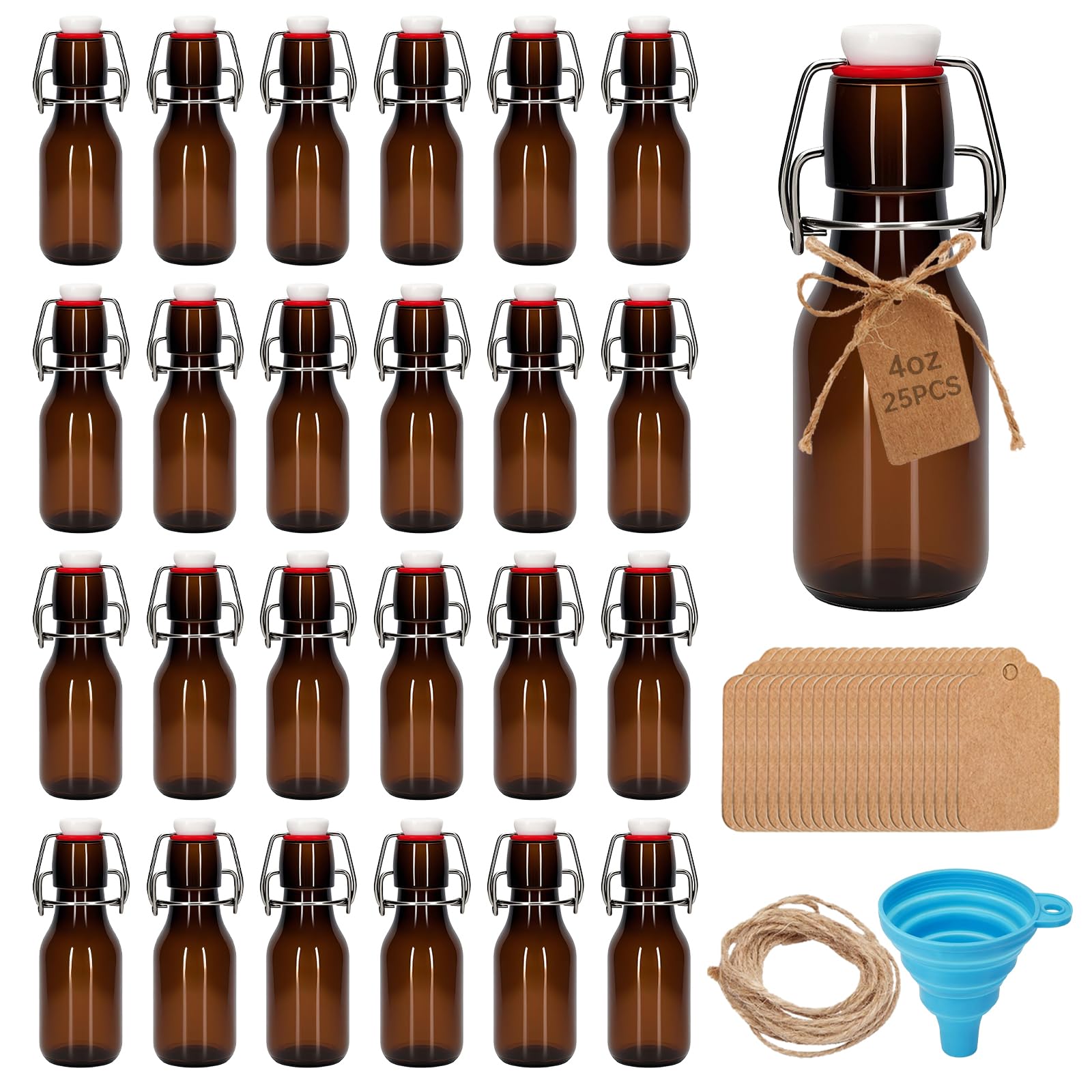Photo 1 of eispap 25Pcs 4 oz Amber round Mini Swing Top Glass Bottles with Stoppers Small Flip Top Bottles with Airtight Lids for Crafts Decoration Wedding Themed Party Favors (25)