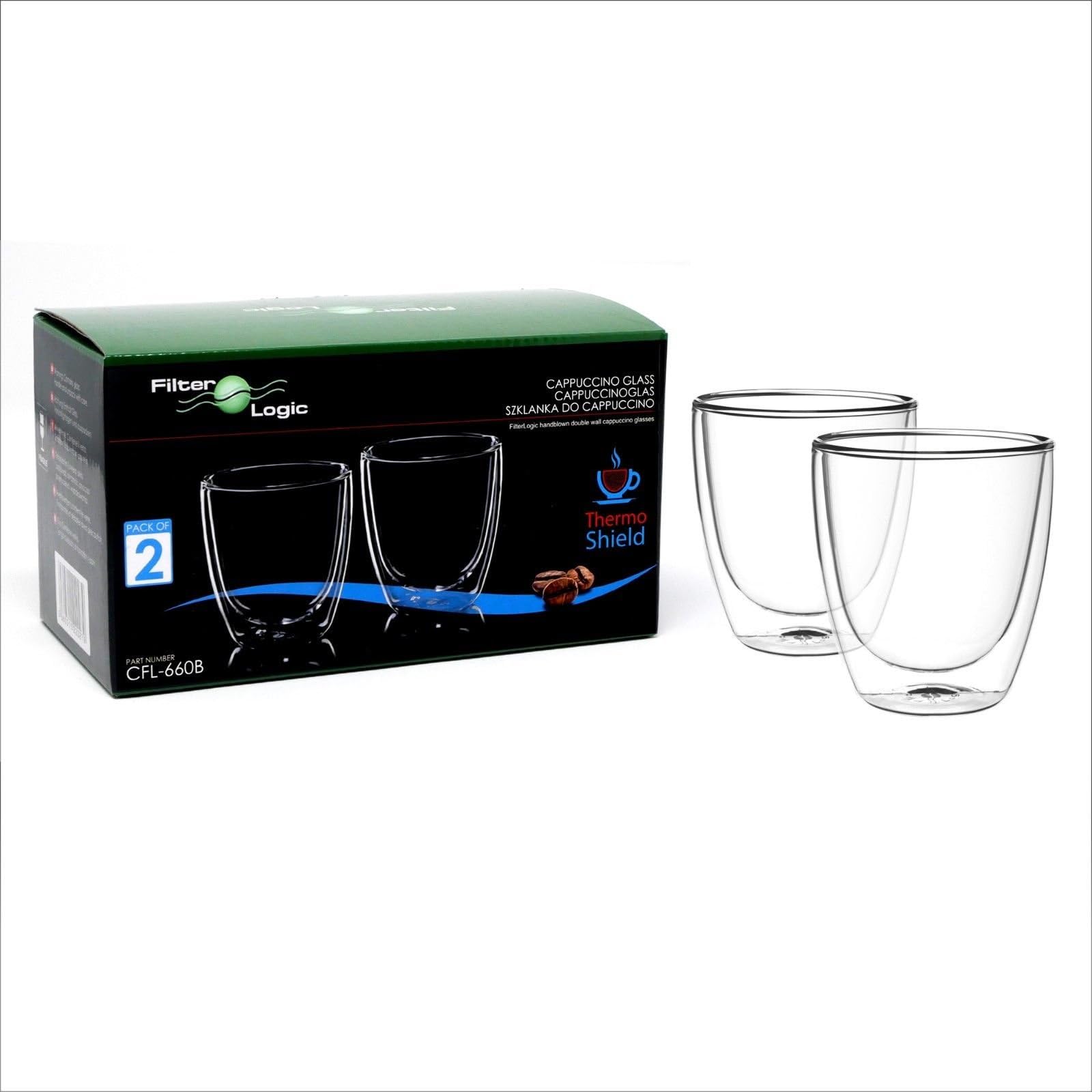 FilterLogicCFL660 Thermoshield Double Walled Cappuccino/Tea/Milk/Hot Chocolate/Coffee Vacuum Glass (Twin Pack) - Ideal for Coffee/Gift Lovers