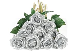 DuHouse 10pcs Silk Roses Artificial Flowers Fake Rose for Arrangement Wedding Party Home Decoration (Silver)
