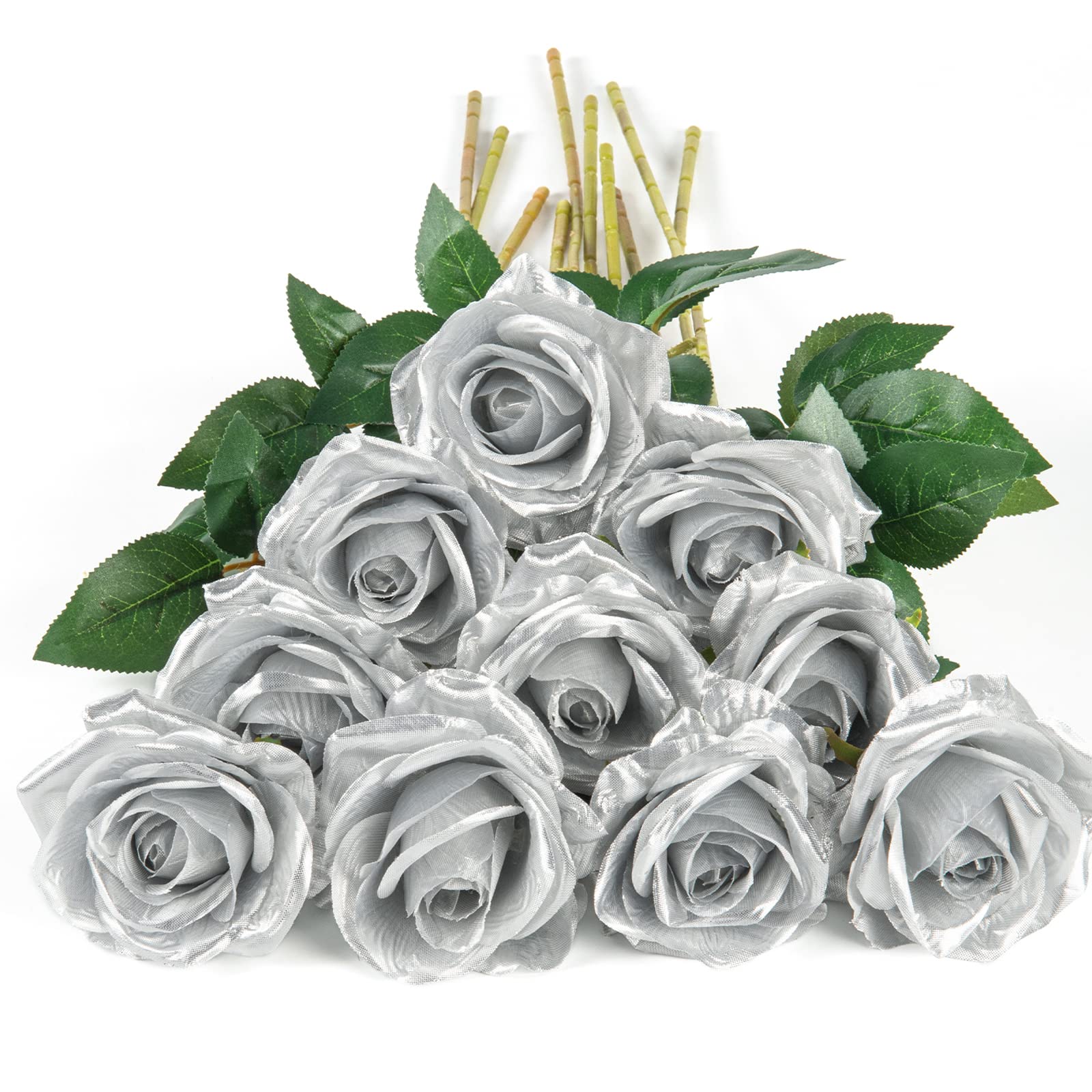 DuHouse 10Pcs Artificial Roses Fake Silk Flowers Realistic Bridal Bouquets with Single Long Plastic Stems for Arrangement Wedding Table Centerpiece Party Home Decor(Silver) — image 1