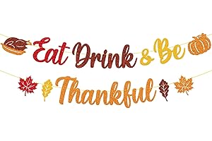 YOYMARR Eat & Be Thankful Banner Happy Thanksgiving Day Banner Happy Fall Maple Leaves Pumpkin Autumn Harvest Turkey Thanksgiving Theme Thankful Party Decoration