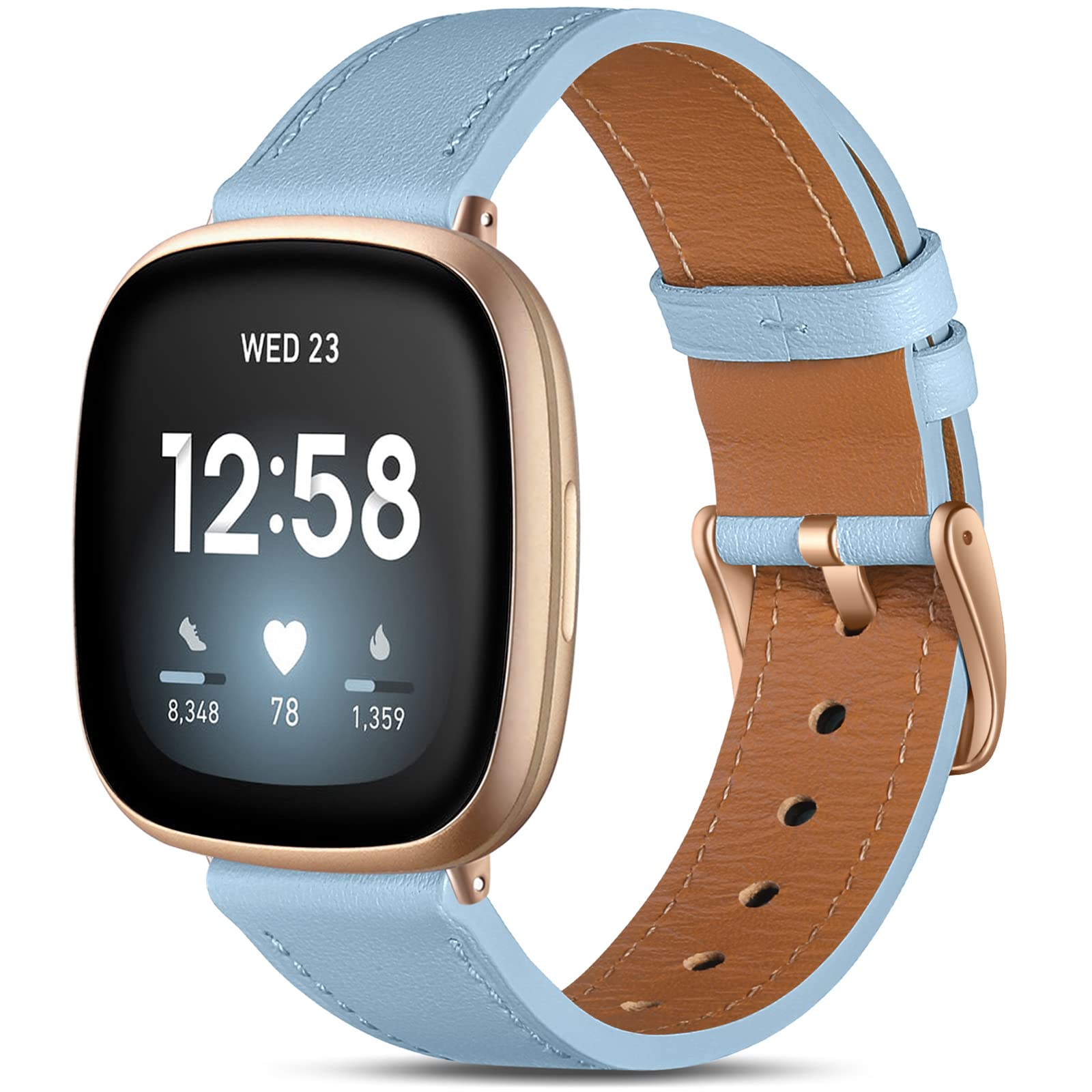 CeMiKa Leather Strap Compatible with Fitbit Sense/Fitbit Versa 3, Genuine Leather Wristband for Women & Men, Sky Blue