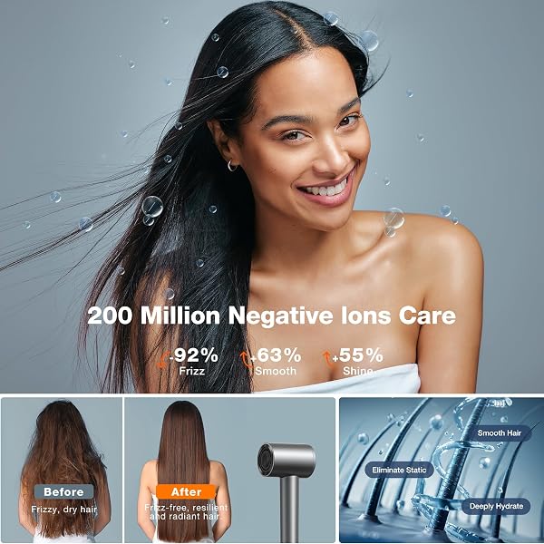 TORRAS STREAM HAIR DRYER, SPACE GRAY, HIGH-SPEED 29.3M/S, 1600W, HAIR CARE MODE, IONIC CARE, 2 MODES, 3 SPEEDS, 3 HEAT LEVELS, WITH DIFFUSERS, AEROSPACE ALLUMINUM