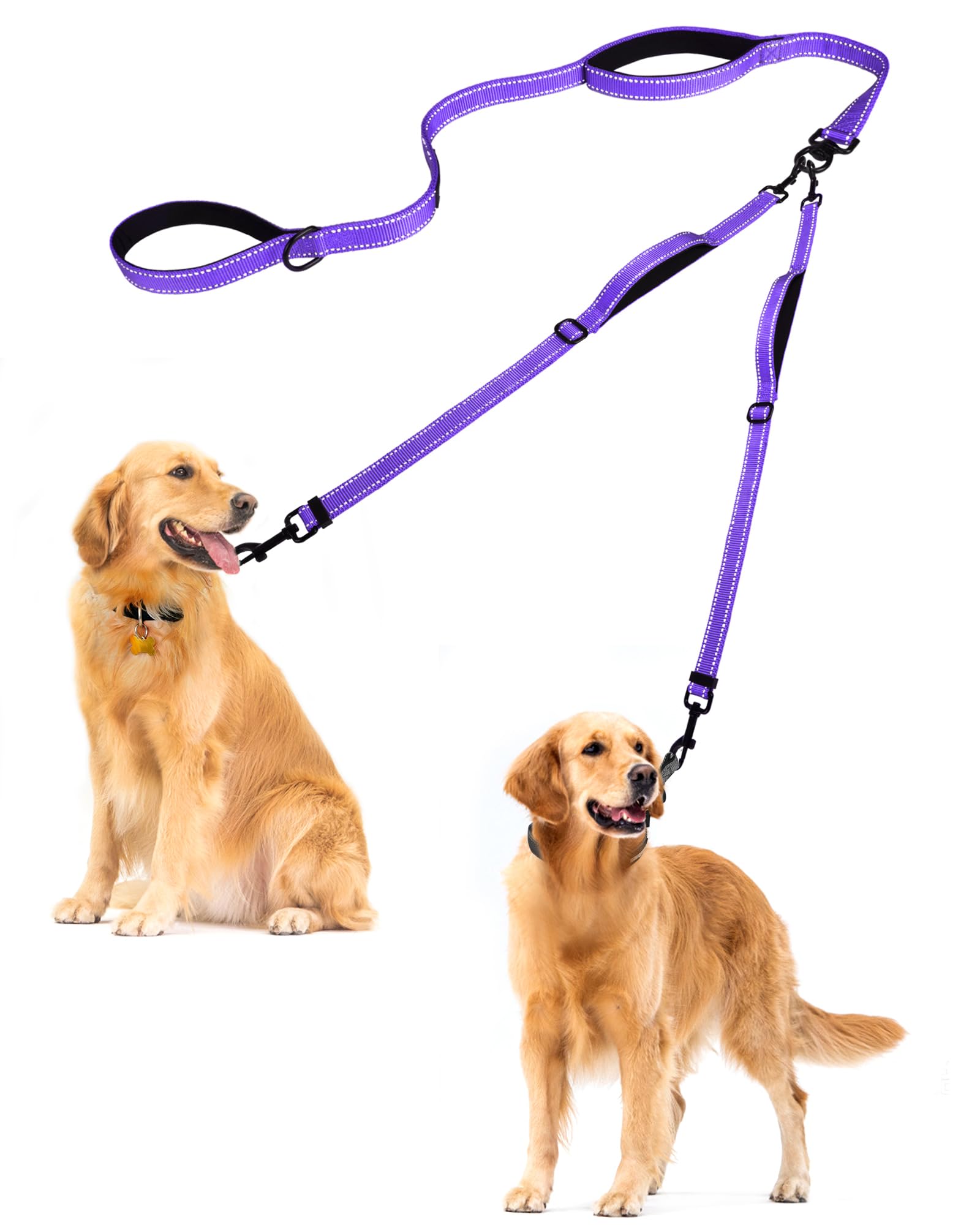 PetBonus Double Dog Leash, No Tangle Dual Leash, Reflective Walking Training Lead, 4 Comfortable Padded Handles for 2 Dogs with Collapsible Bowl and Waste Bags (Purple, Large)