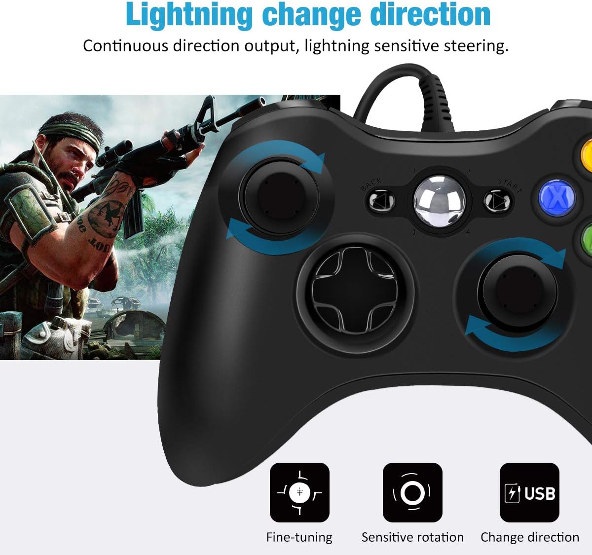 Xbox 360 Wired Game Controller, YAEYE USB Wired Gamepad Controller for Microsoft Xbox 360, PC Windows 7,8,10 with Dual-Vibration Turbo, Trigger Buttons (Black): Electronics