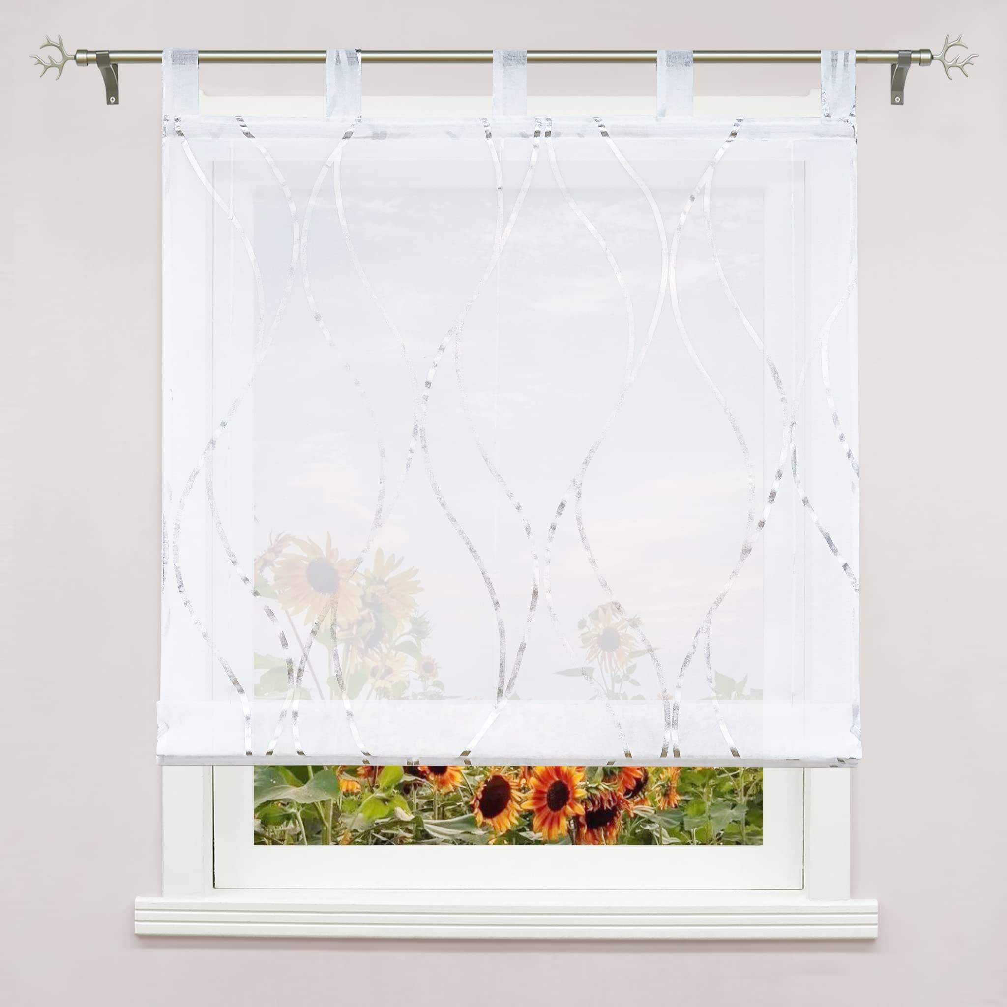 Delien Roman Blind Voile 1 Piece Curtains with Wave Pattern "Waving River" Stripes Transparent Rolls Kitchen Window Loop Blind Modern Roman Curtain for Living Room with Loops WxH 140x150 cm, Silver