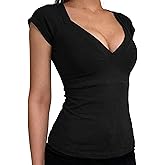 EMMIOL Sexy V Neck T Shirts for Women - Short Sleeve Slim Fit Bow Bandage Cute Crop Tops Y2k Summer Trendy Going Out Clothes