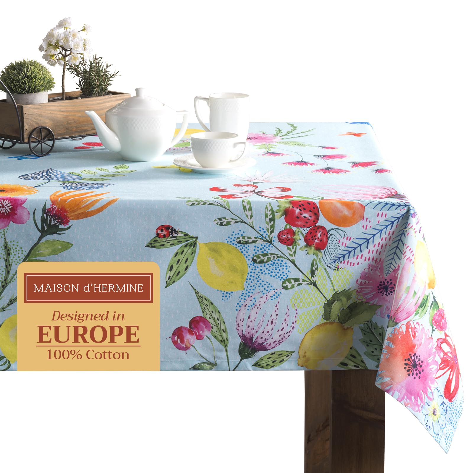 Maison d' Hermine Table Cloth Rectangle Table 100% Cotton 230 cm x 140 cm Tablecloth Reusable Everyday Use for Dining Farmhouse Home Party Festive Gifts for Mothers Day (Jardin D'Ete - Mint)