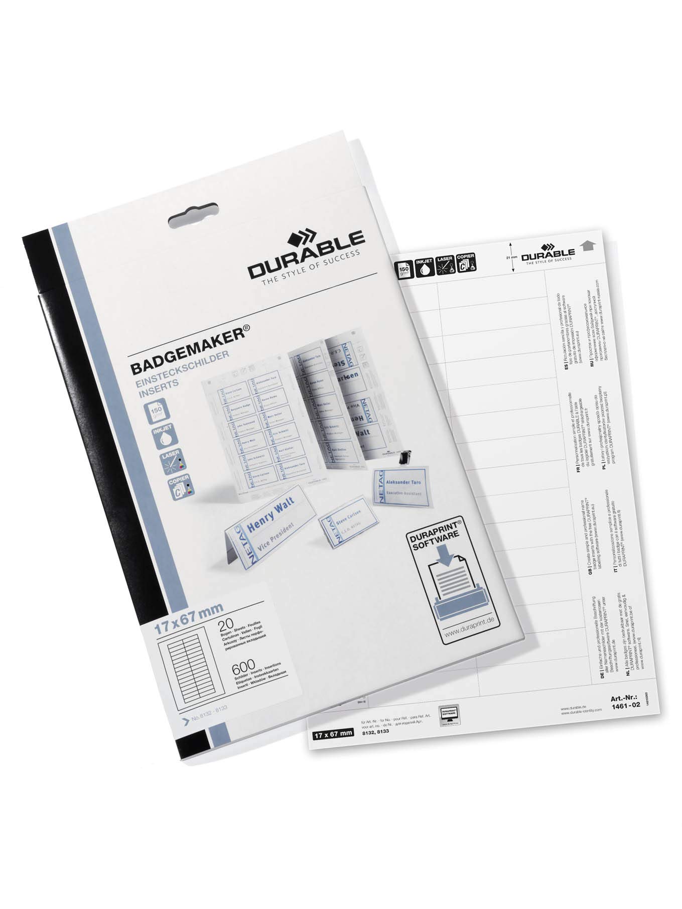 Durable 146102 Badgemaker, PrinTable Name Badge Insert Sheets, White, 17 x 67 mm - 200 Inserts