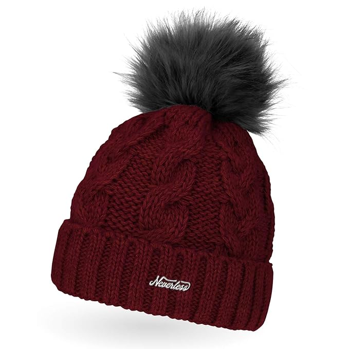 Neverless Damen Strick-Mütze gefüttert mit Fell-Bommel, Kunstfell, Winter-Mütze, Bommelmütze